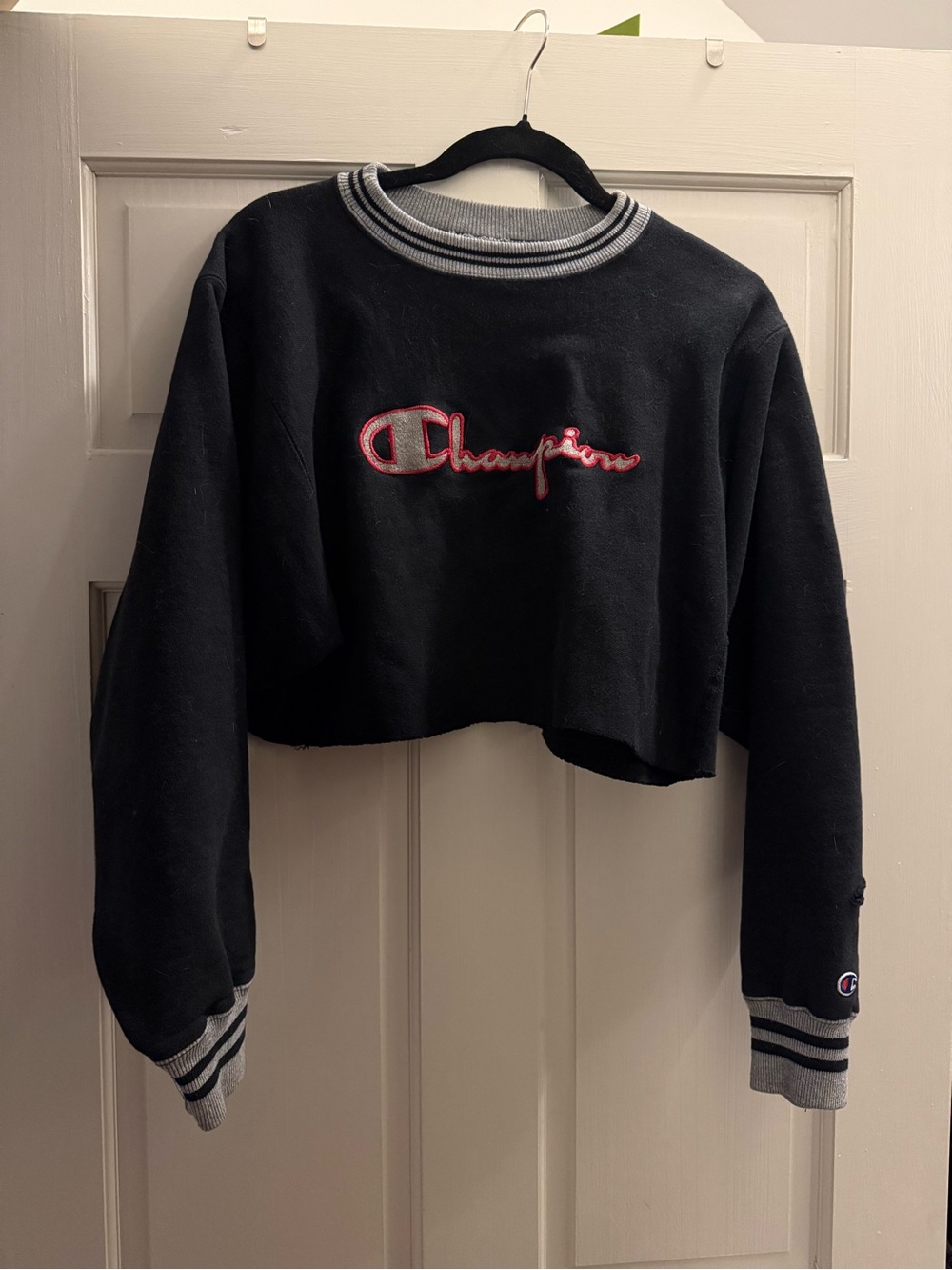 Champion Black Cropped Crewneck Sweatshirt with Gray Trim and Red Logo
